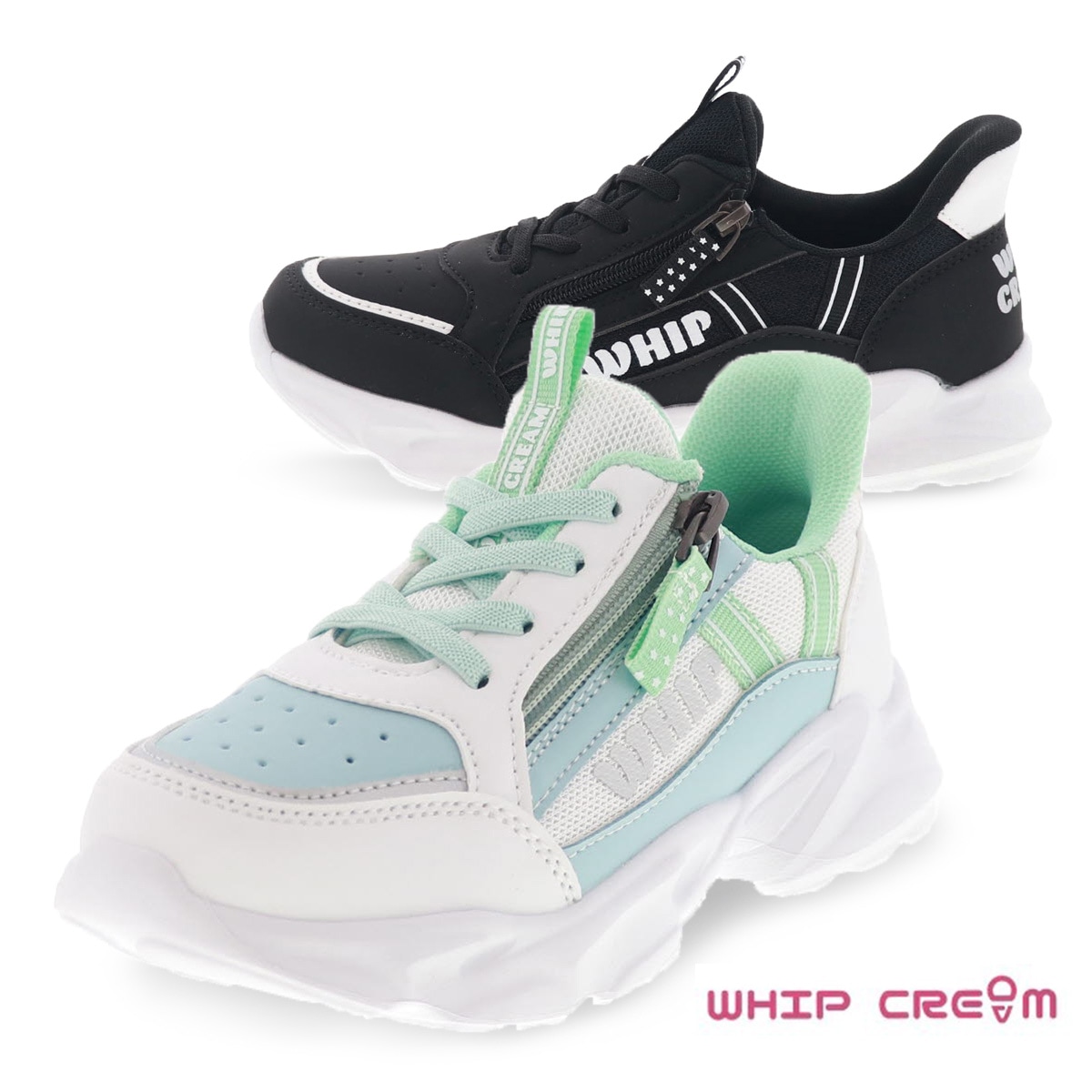 キッズ 消臭スニーカー ハンズフリー 運動靴 通学靴 こども 靴 ジップアップ ゴム紐 WHIP CREAM FKR-11372HF サックス ホワイト/ブラック