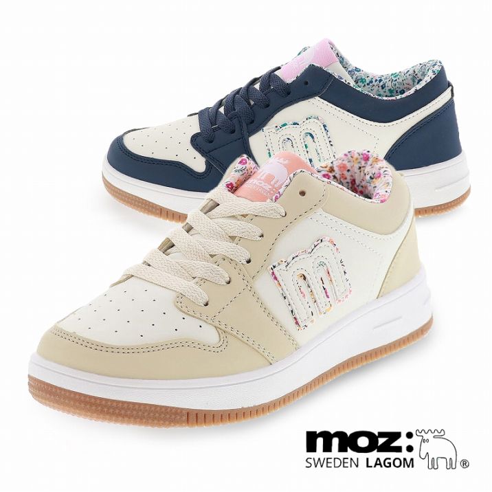 moz モズ 靴 レディース スニーカー ローカット コートシューズ MZ-26001 ベージュ/ネイビー 花柄 ホワイト コンビカラー 人気 ブランド 春 新作 シューズ