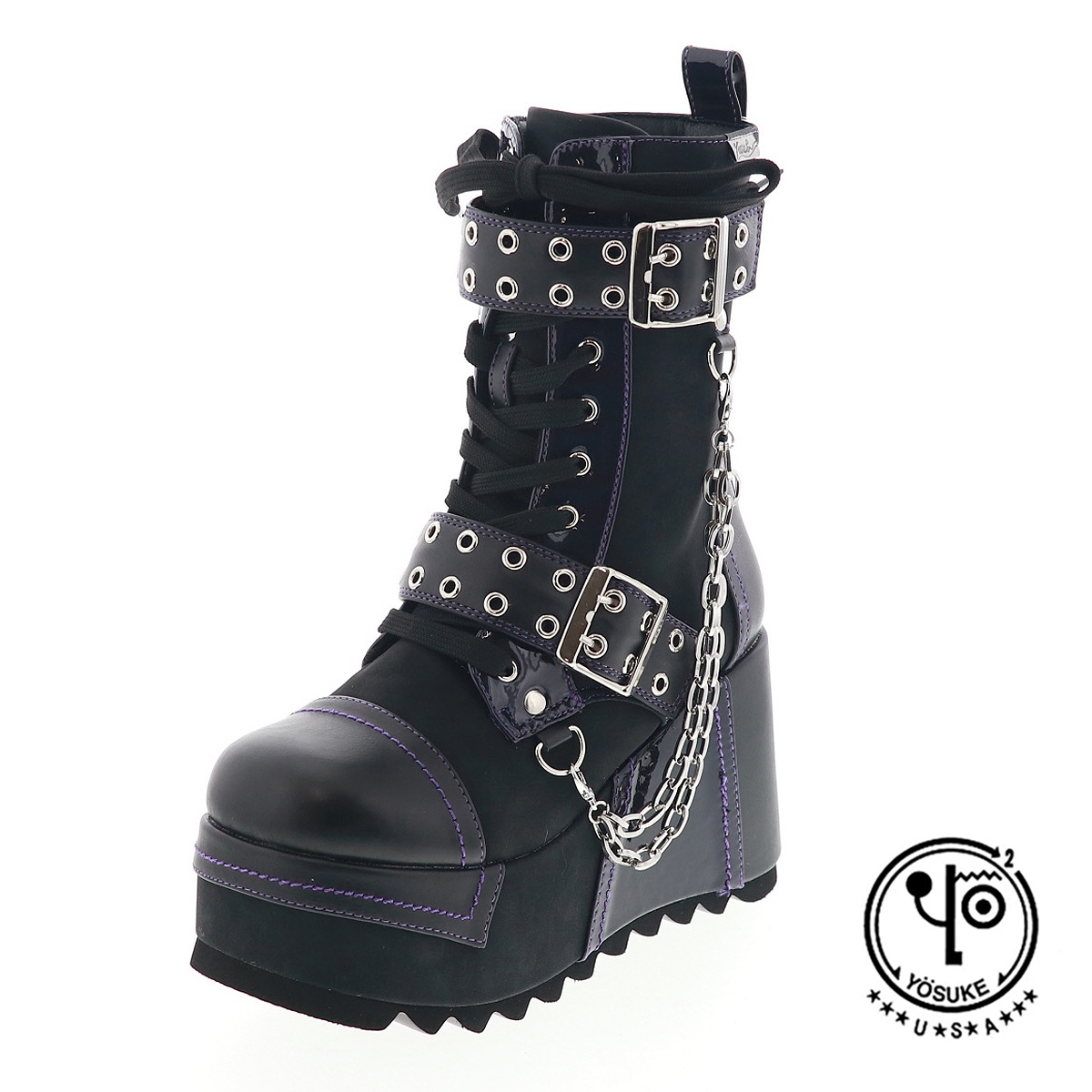 YOSUKE U.S.A ヨースケ 4460029 レディース 厚底 レースアップ ブーツ チェーン ベルト リボン ジップ付き BL/C ブラックコンビ 10cmヒール 3E幅