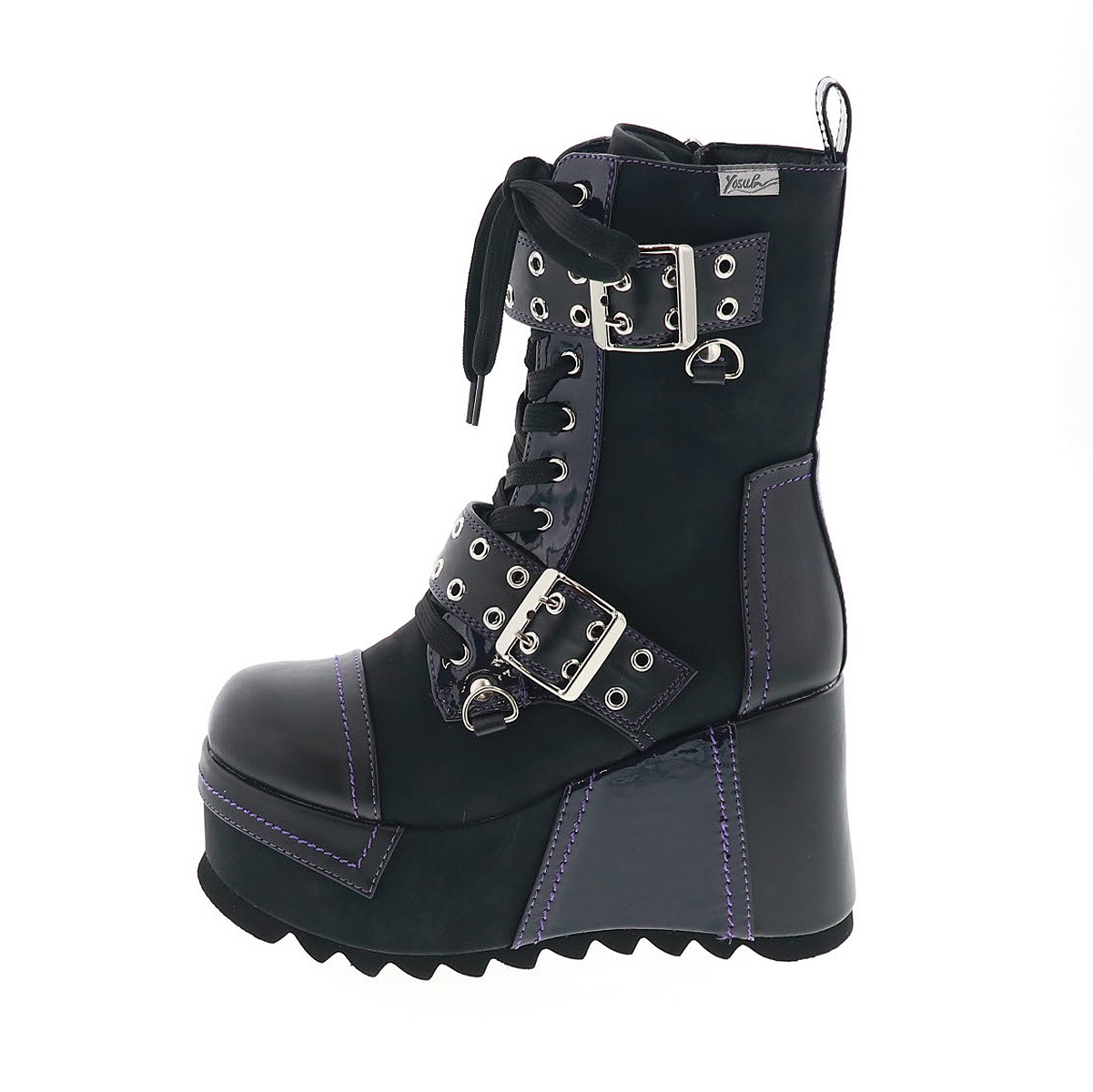 YOSUKE U.S.A ヨースケ 4460029 レディース 厚底 レースアップ ブーツ チェーン ベルト リボン ジップ付き BL/C ブラックコンビ 10cmヒール 3E幅
