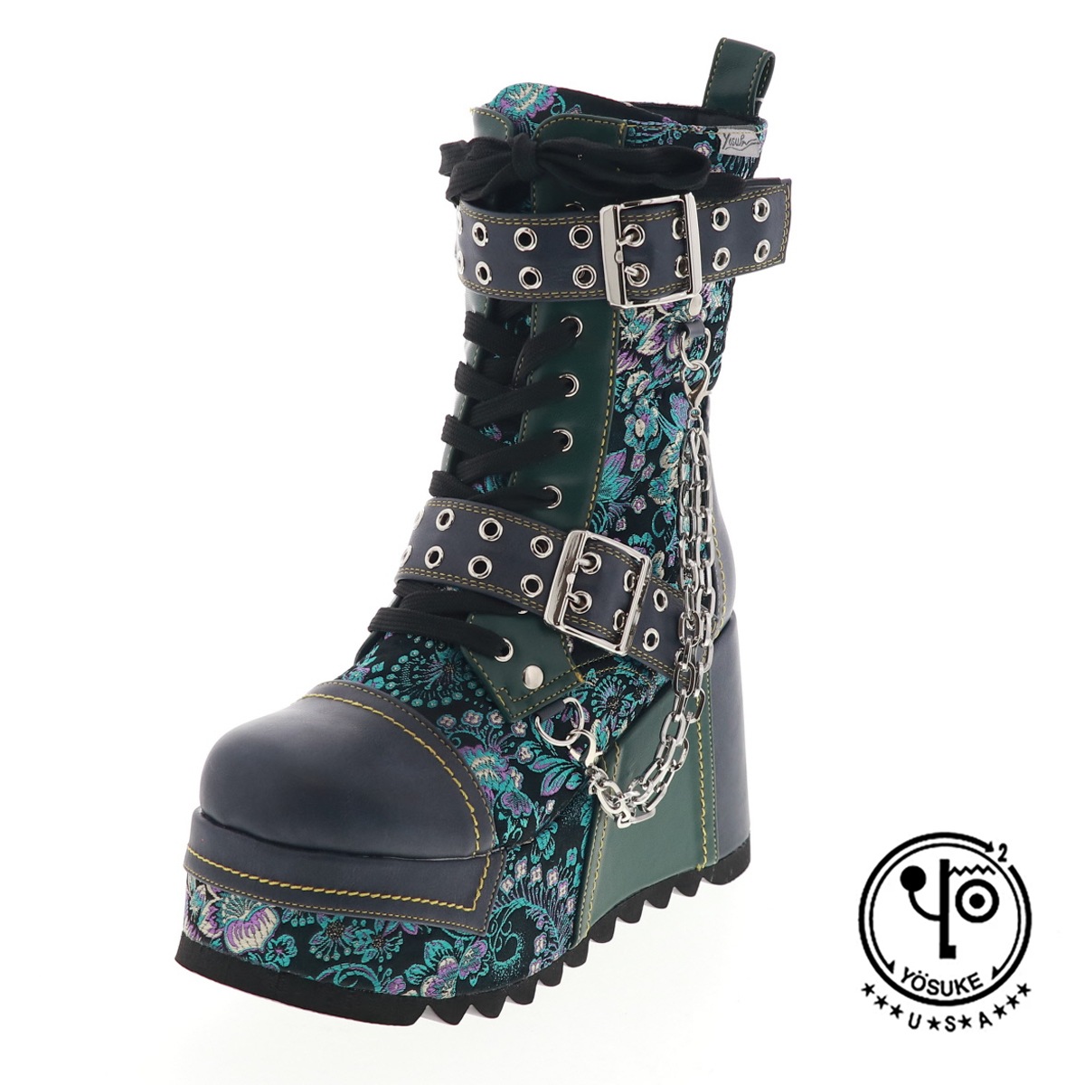 YOSUKE U.S.A ヨースケ 4460029 レディース 厚底 レースアップ ブーツ チェーン ベルト リボン ジップ付き NV/C ネイビーコンビ 10cmヒール 3E幅