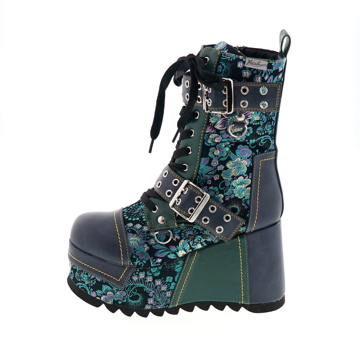 YOSUKE U.S.A ヨースケ 4460029 レディース 厚底 レースアップ ブーツ チェーン ベルト リボン ジップ付き NV/C ネイビーコンビ 10cmヒール 3E幅