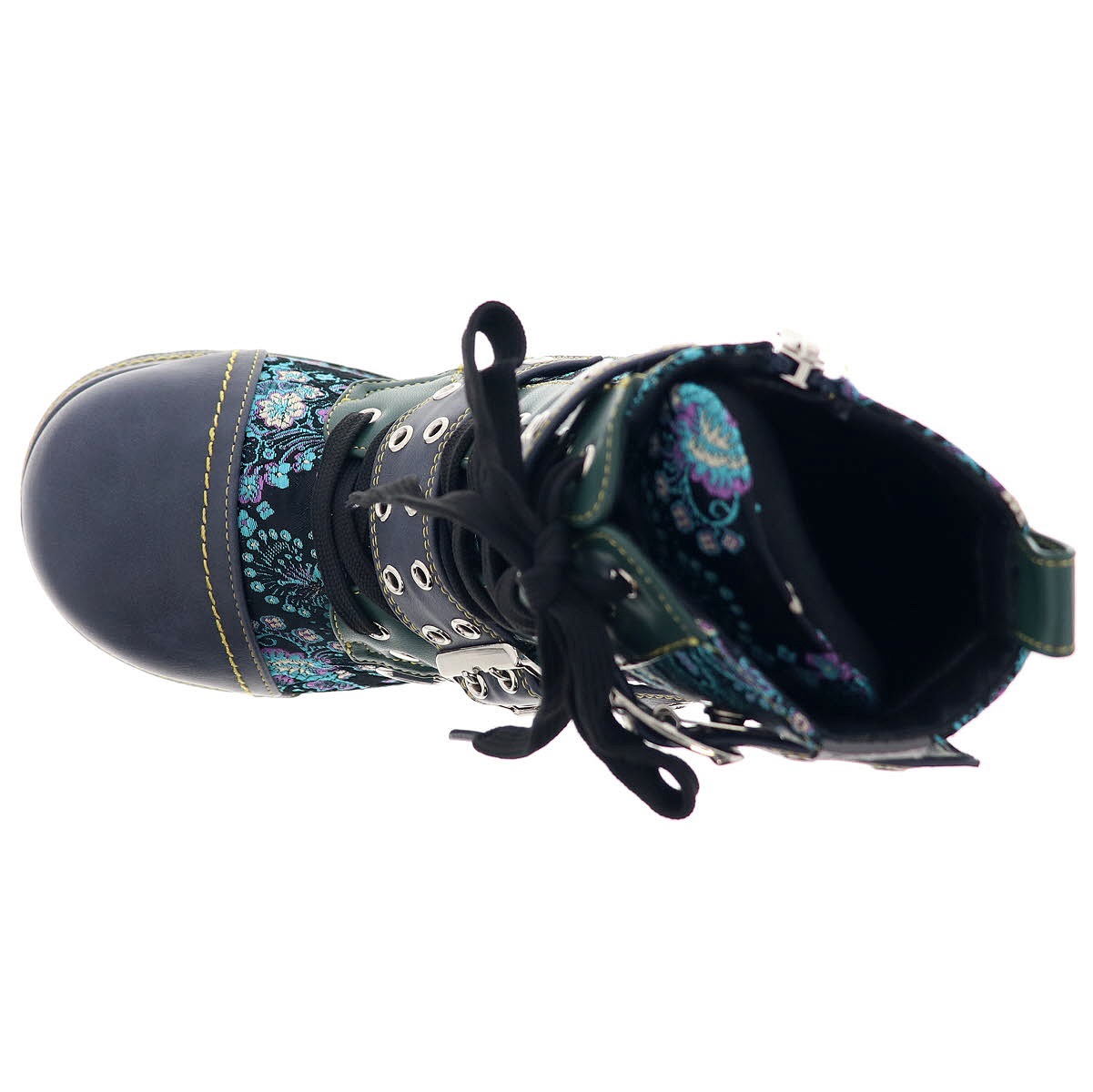 YOSUKE U.S.A ヨースケ 4460029 レディース 厚底 レースアップ ブーツ チェーン ベルト リボン ジップ付き NV/C ネイビーコンビ 10cmヒール 3E幅