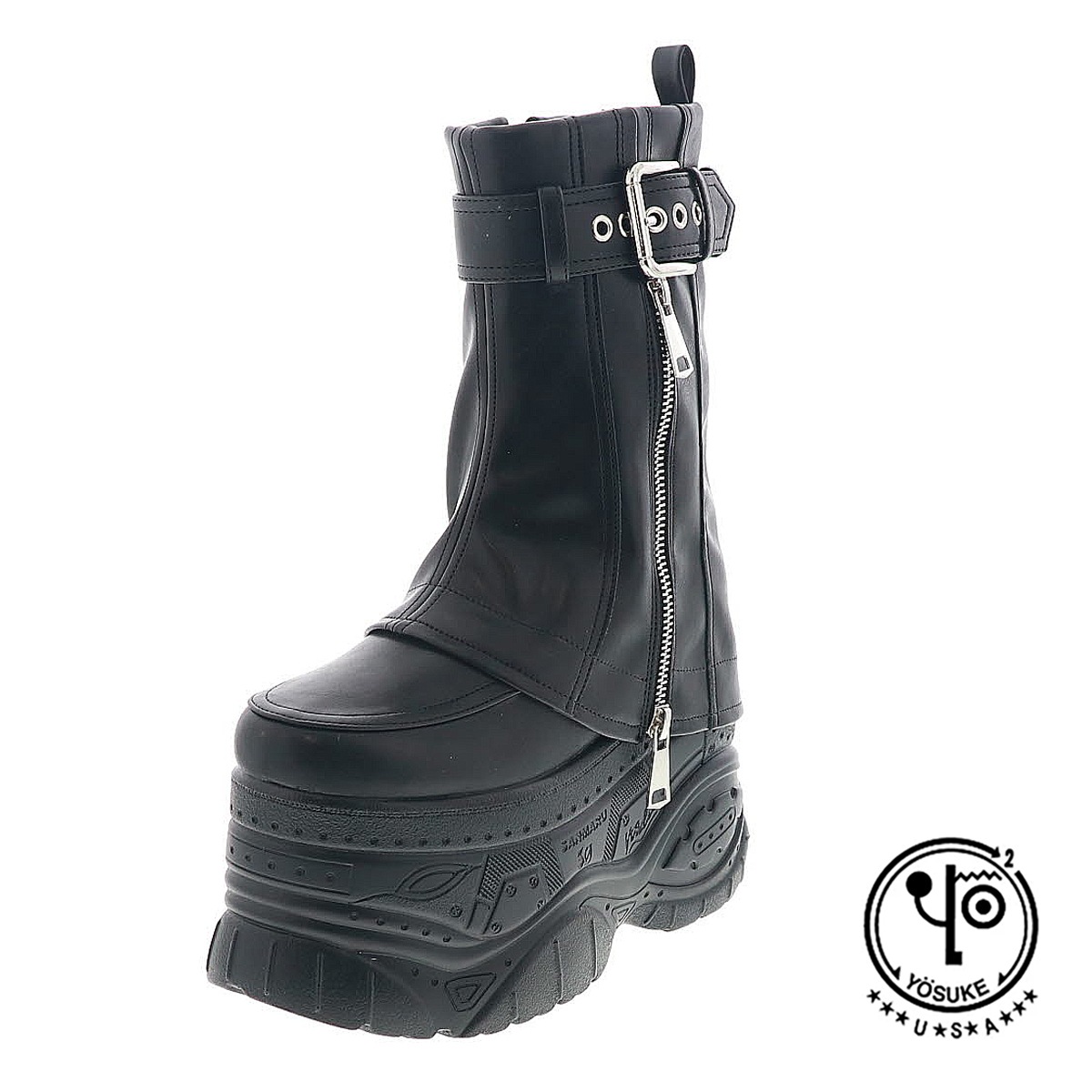 YOSUKE U.S.A ヨースケ 2605015 レディース 厚底 スニーカー ブーツ トレンド カバーブーツ ベルト ジップ付き ブラック 11cmヒール 3E幅
