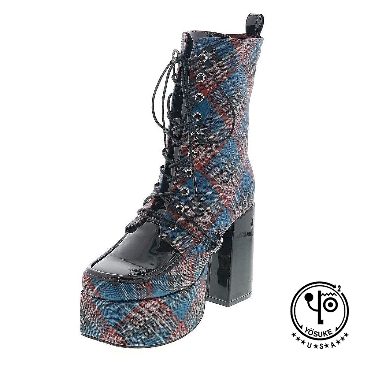 YOSUKE U.S.A ヨースケ 2820059 レディース 厚底 レースアップ ブーツ チャンキーヒール ジップ付き NV/C ネイビーコンビ 10cmヒール 3E幅