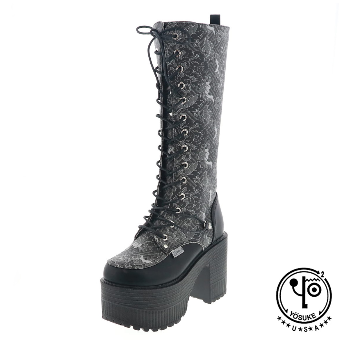 YOSUKE U.S.A ヨースケ 2605016 レディース 厚底 レースアップブーツ ジップ付き ロングブーツ BLC ブラックコンビ 12cmヒール 3E幅