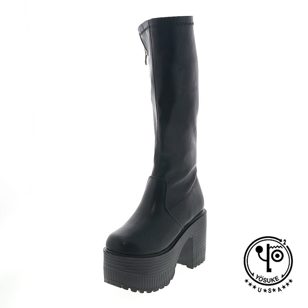YOSUKE U.S.A ヨースケ 2605017 レディース 厚底 ロングブーツ ジップ付き ロングブーツ チャンキーヒール BL ブラック 9.5cmヒール 3E幅