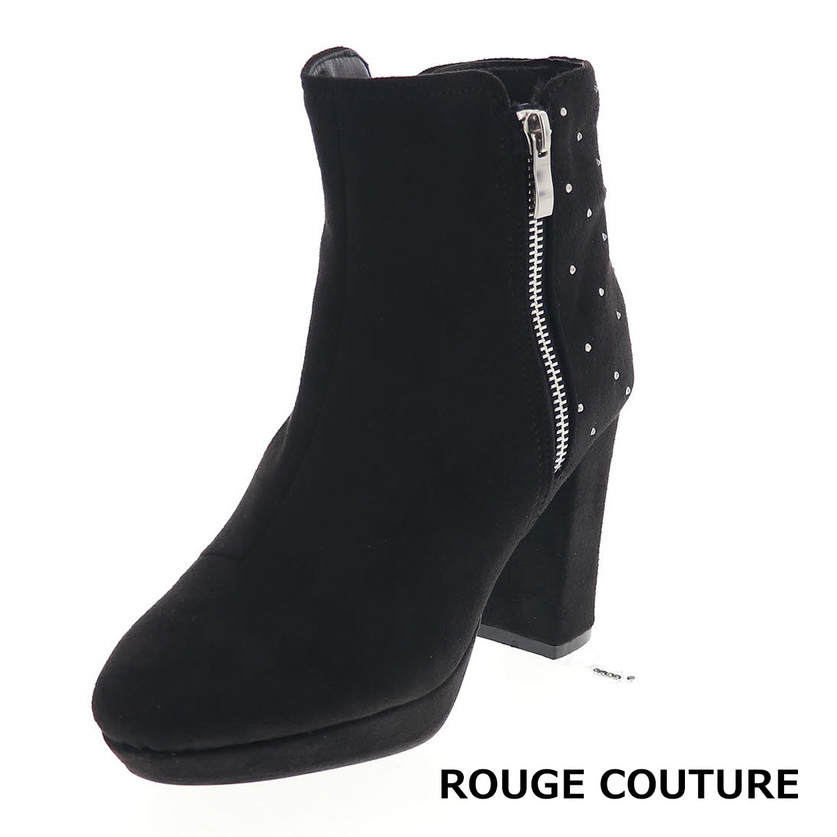 レディース ブーツ 厚底ブーツ 美脚 足長効果 ヒール8.5cm ラインストーン サイドジップ オリジナル ルージュ クチュール RC 79648 ブラックスエード