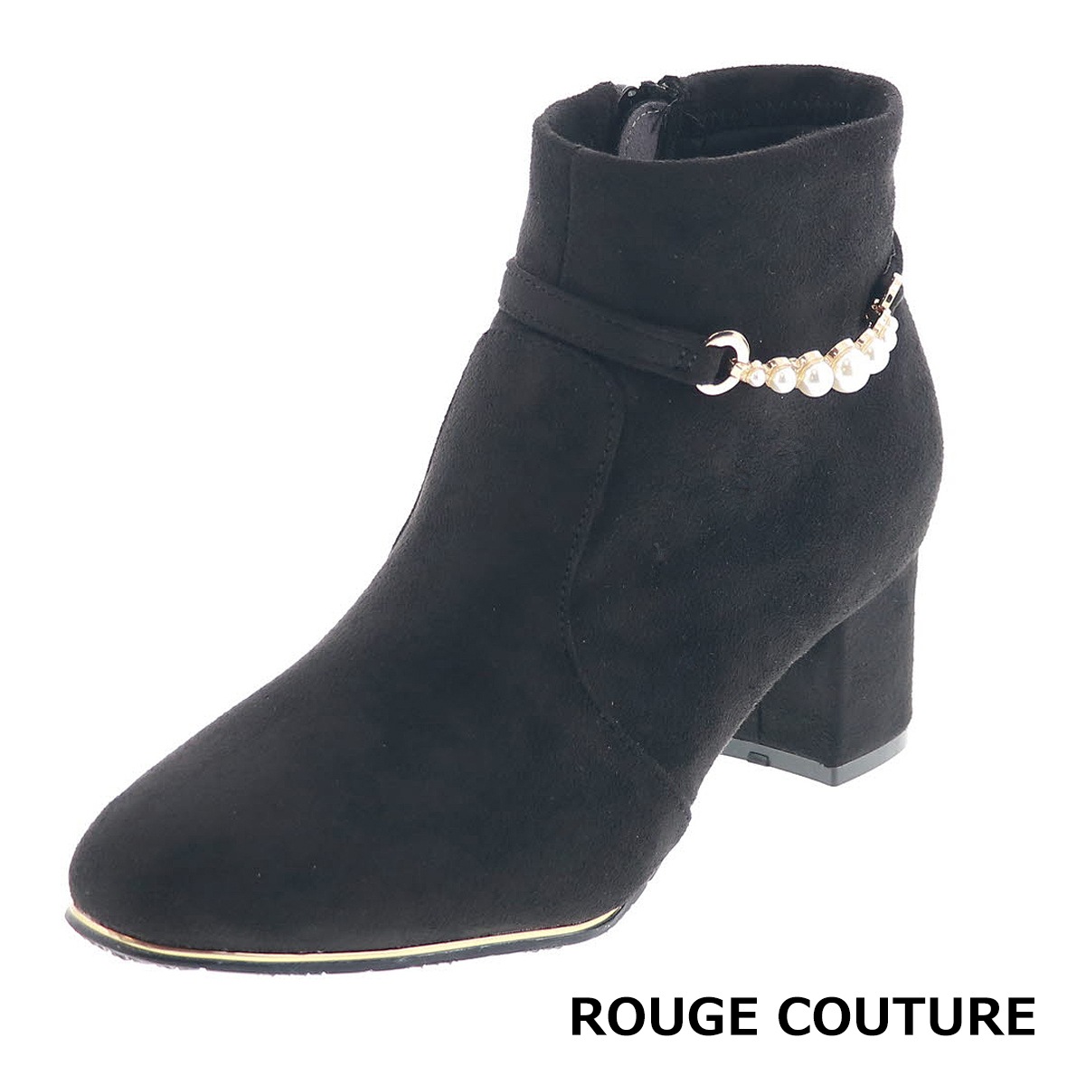 レディース ブーツ パール ベルト付き サイドジップ 抗菌防臭 インソール オリジナル ルージュ クチュール RC 79649 ブラックスエード