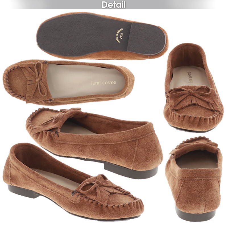 レディース モカシン シューズ リボン スエード レザー フラット オリジナル 日本製 lumi Cosme 294-2092 ダークブラウン/キャメル/ブラック