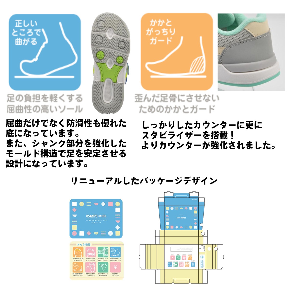 OSANPO KIDS シューズ オサンポ OSP-923 2E 普通幅 ブラック ブルー グレー ライトブルー