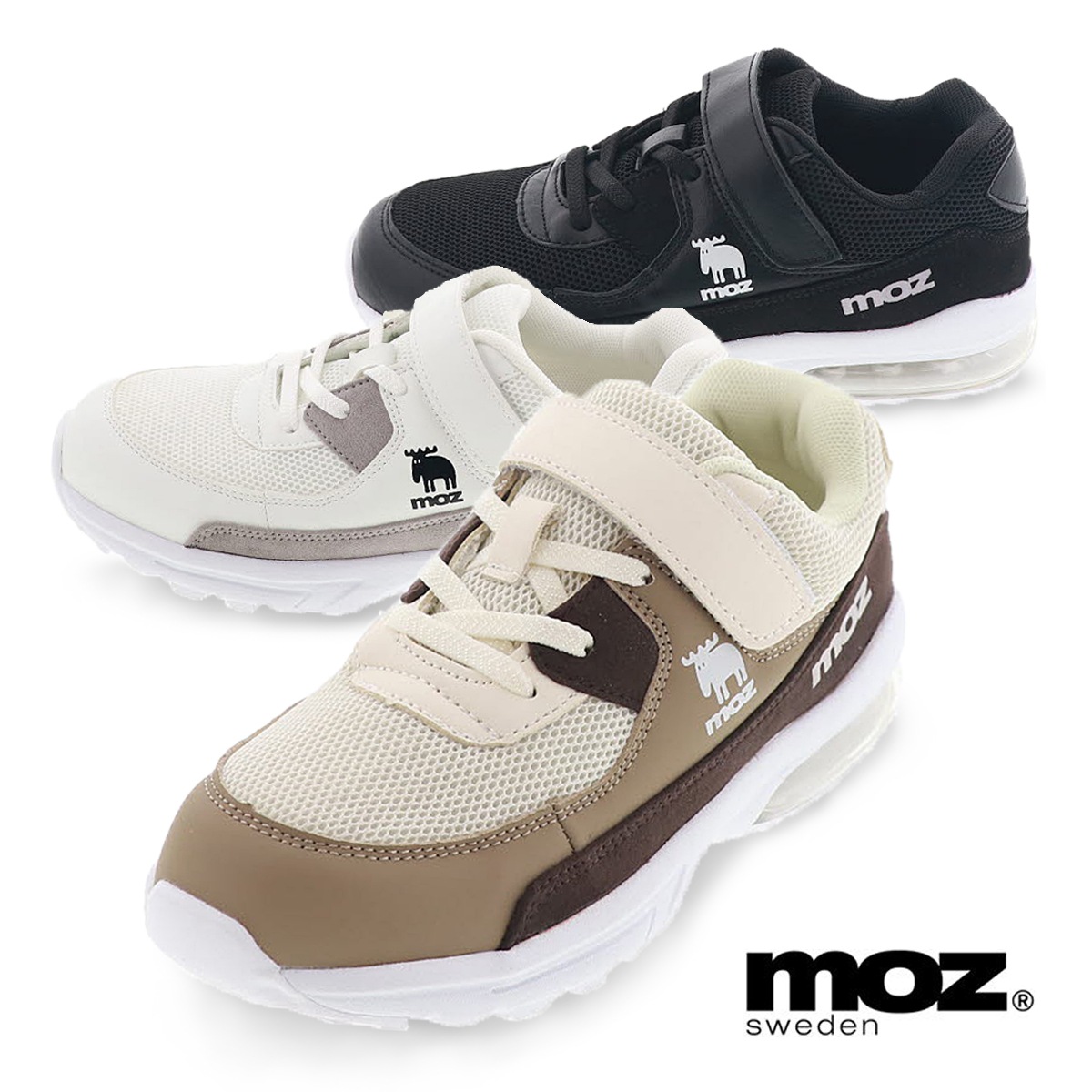 モズ MOZ 181590 キッズ スニーカー ジュニアシューズ 子供靴 運動靴 女の子 男の子 履きやすい ゴム紐 ベルト ベージュ/グレー/ブラック