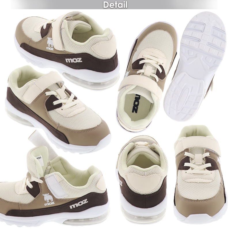 モズ MOZ 181590 キッズ スニーカー ジュニアシューズ 子供靴 運動靴 女の子 男の子 履きやすい ゴム紐 ベルト ベージュ/グレー/ブラック