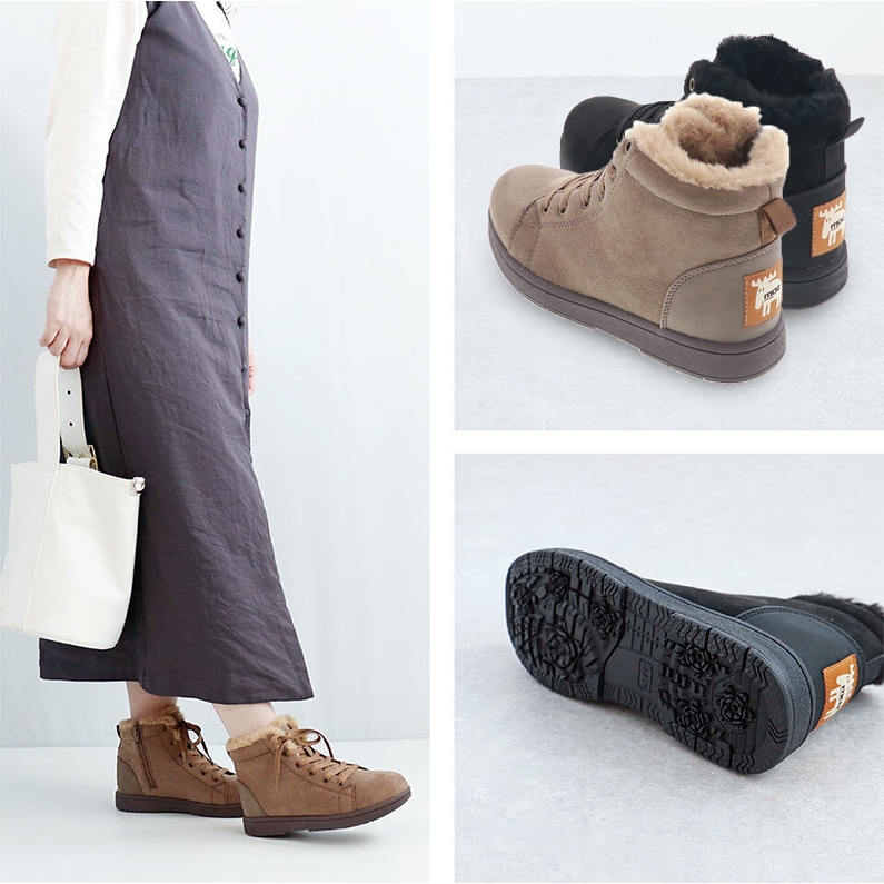 モズ MOZ 18620 靴 レディース ブーツ 防水 ハイカット スニーカー カジュアルシューズ あったかボア 防寒 防滑 オークスエード/ブラック