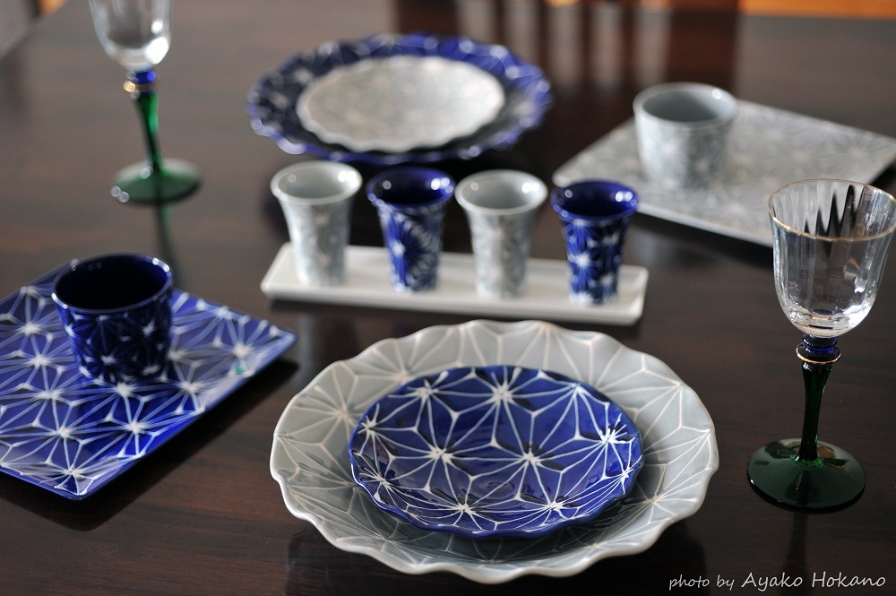 波佐見焼 ホワイトライン麻 波プレート L 瑠璃