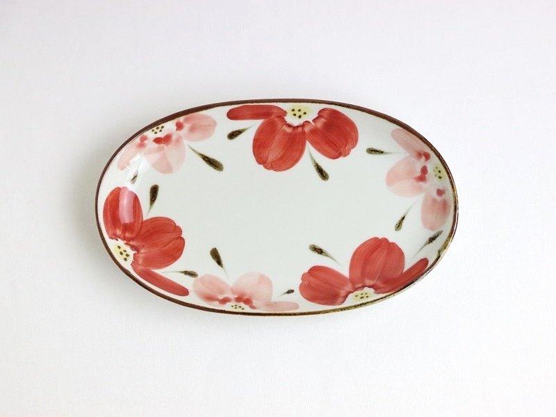 波佐見焼 花々 布目楕円プレート 赤