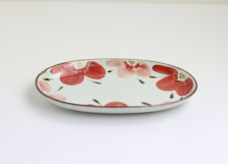 波佐見焼 花々 布目楕円プレート 赤
