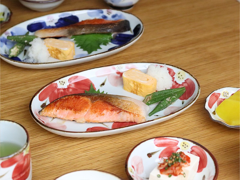 波佐見焼 花々 布目楕円プレート 赤