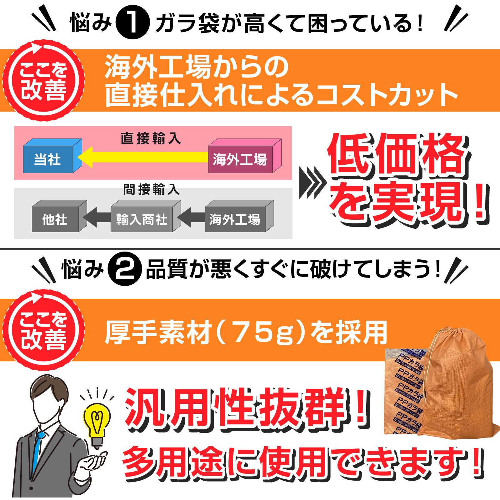 ガラ袋 厚手 10枚 丈夫な 75g pp素材 60cm×90cm 汎用性 口紐付き 厚口 雑草 枝木 ガラいれ ゴミ袋