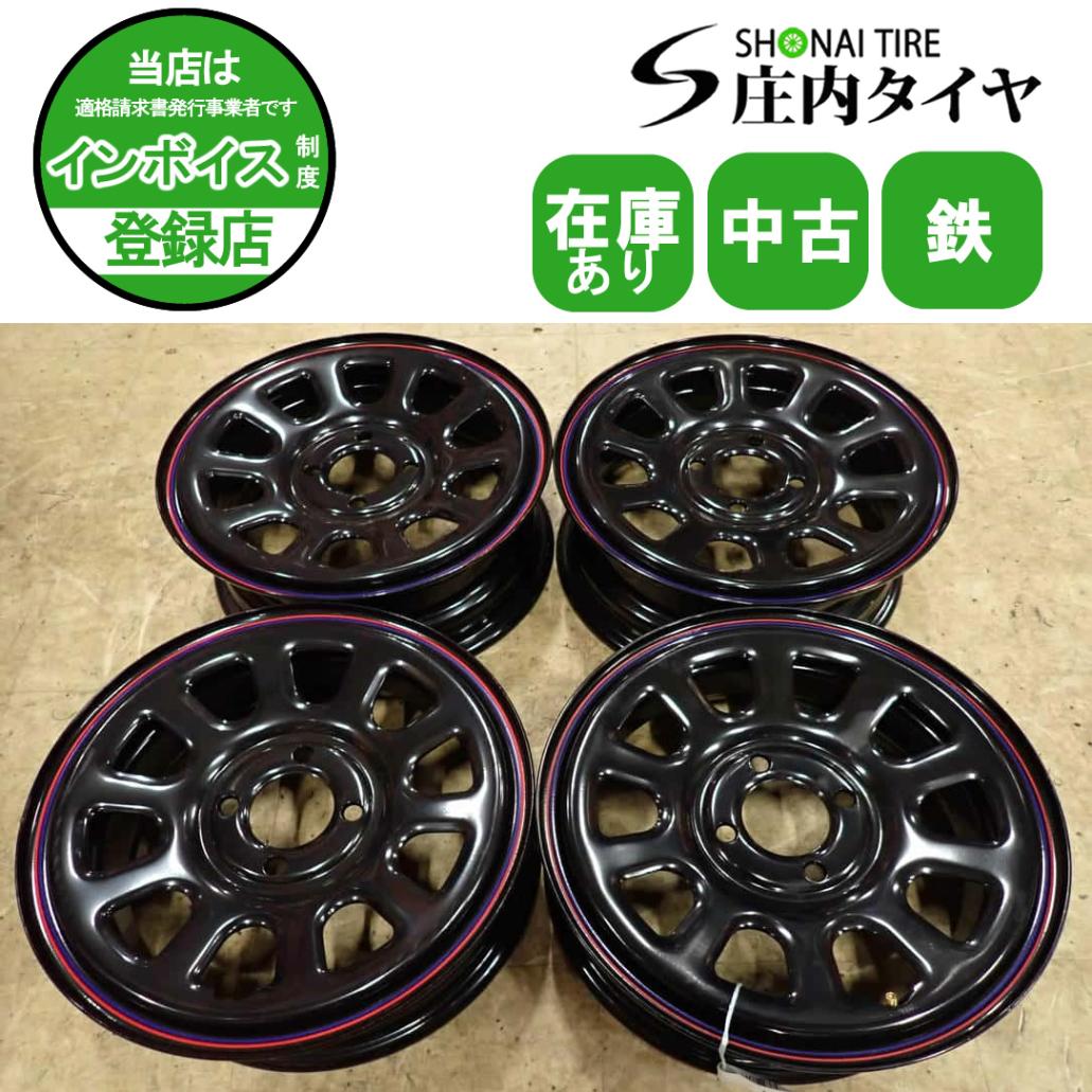 4本SET 会社宛 送料無料 14×5J SHONE DAYTONA デイトナブラック 赤青ライン 4穴 PCD 100mm +42 ハブ径 67mm 軽自動車 軽カー各種 NO,I7813