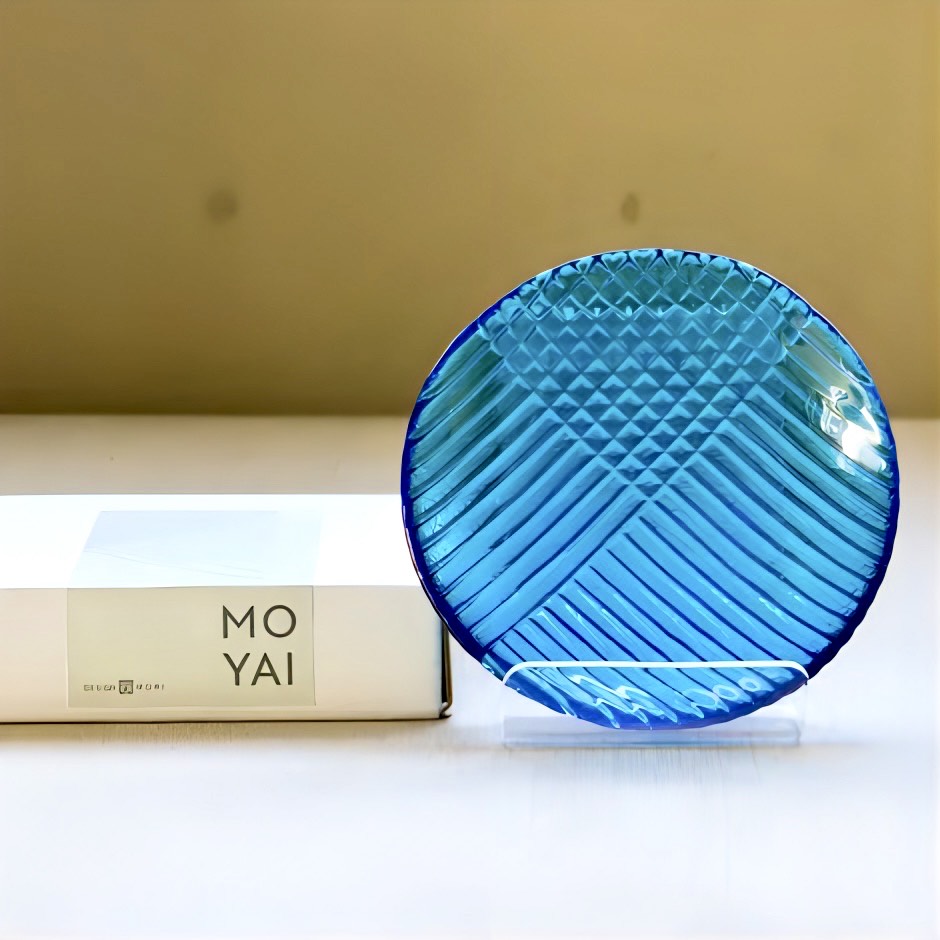 廣田硝子｜ガラス丸皿 2211NB 手塩皿 ブルー 醤油皿 小皿 舫 もやい レリーフ 高級感 シェルシリーズ 