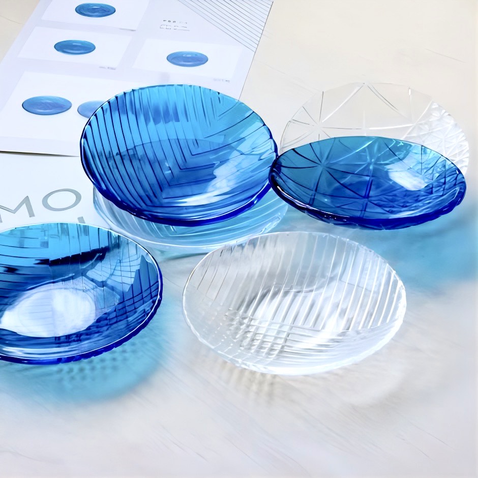 廣田硝子｜ガラス丸皿 2211NB 手塩皿 ブルー 醤油皿 小皿 舫 もやい レリーフ 高級感 シェルシリーズ 