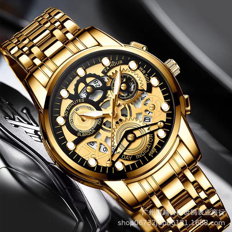 メンズ腕時計 KASRLUO 透かし彫りゴールド ブラック スケルトン 新品