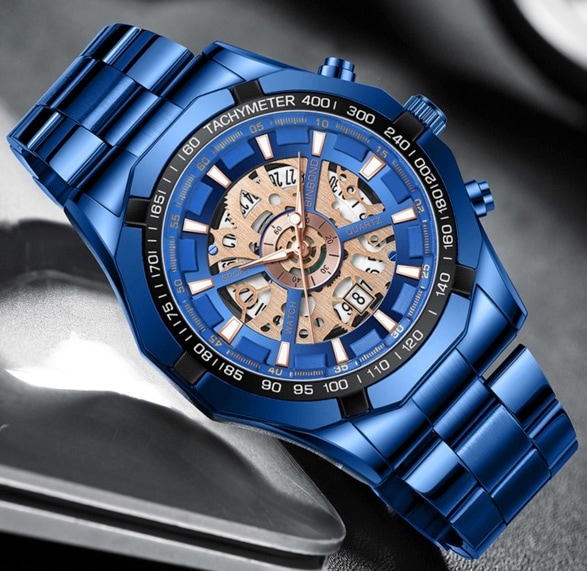 T0322 BINBOND ラグジュアリー スケルトン メンズ ステンレス 腕時計