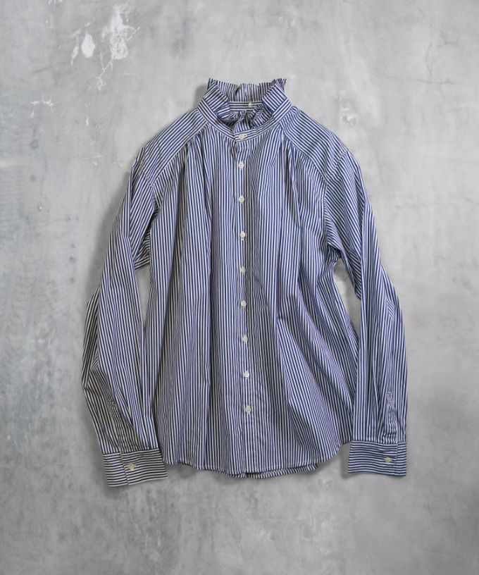 ストライププリントシャツ フロントジップストライプドロストギャザークロップドシャツ