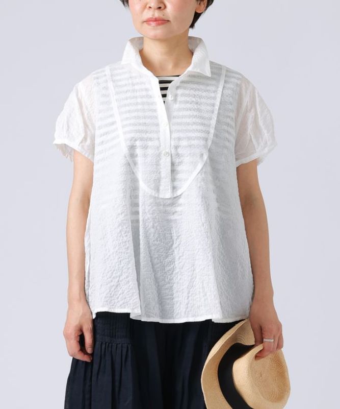 【SALE】スズブラウス　塩縮素材のハーフスリーブシャツ　