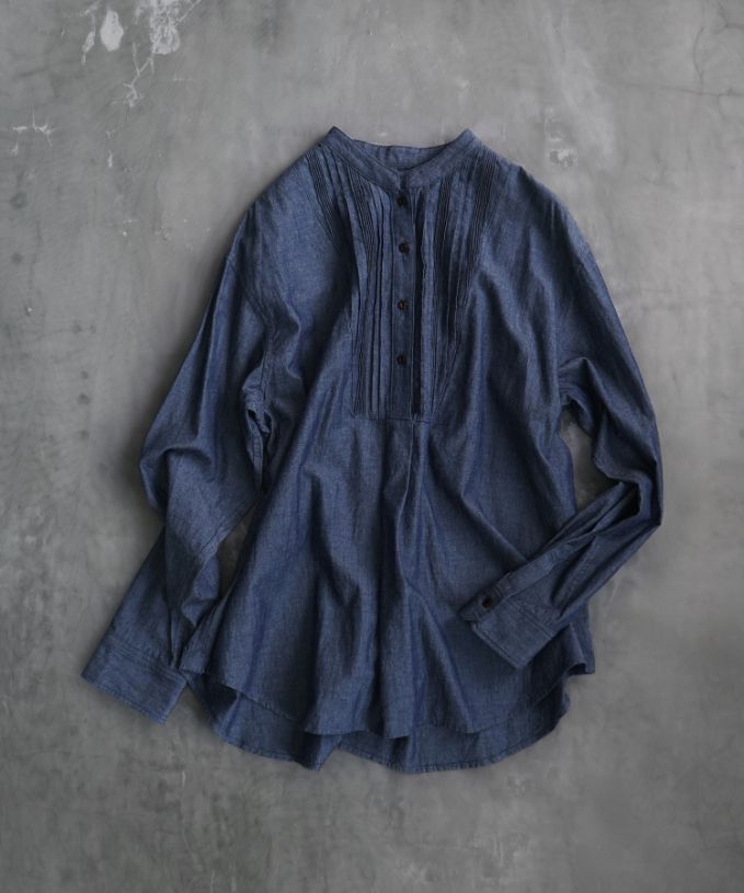 ヘンリー・Ｂ［Haddow］胸ピンタックのデニムボザムシャツ