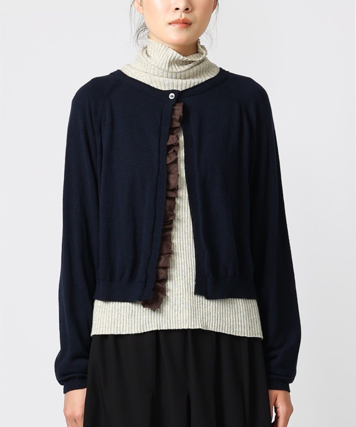 【SALE】ララカーデ　配色フリルのカシミヤ混カーディガン