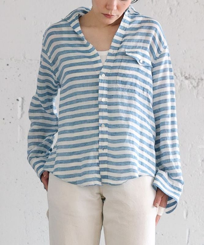 【SALE】クリス［haddow］太ボーダーのフラップポケットリネンシャツ