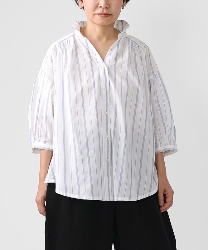 【SALE】ロゼル　ストライプコットンのV開きブラウス