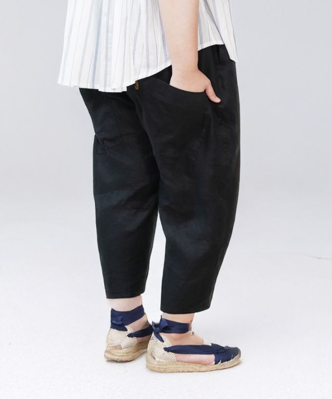 マオパンツ麻・19-4【プラスサイズ】定番人気のリネン素材/黒