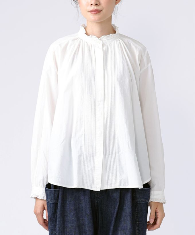 シェリー・E コットンの立ち襟ギャザーブラウス 白/ITEM,JACKET/TOPS