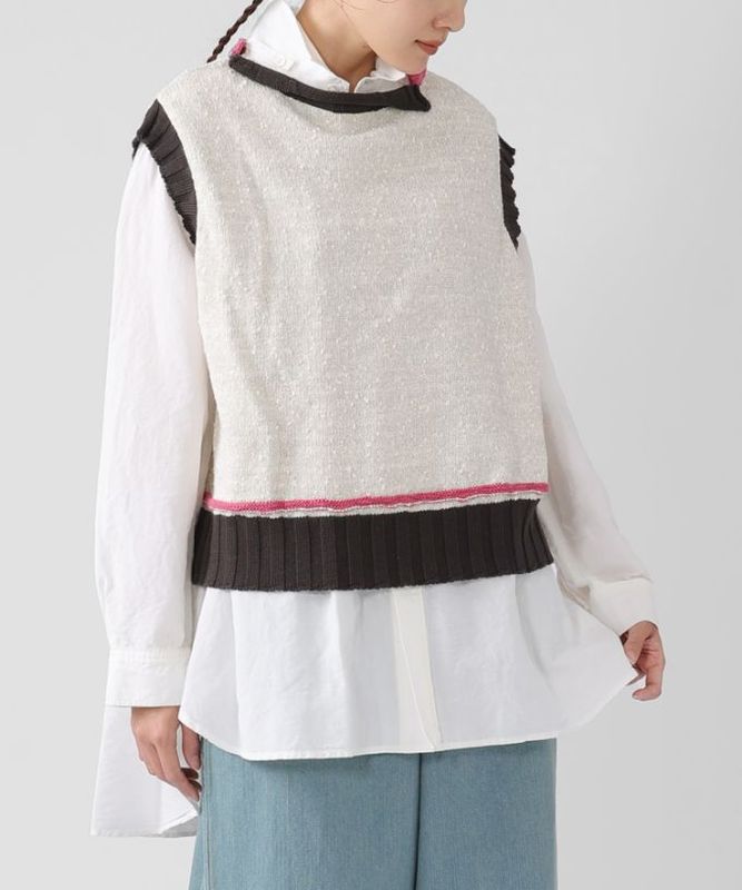 ピテトップ　コットンスラブの配色ニットトップス