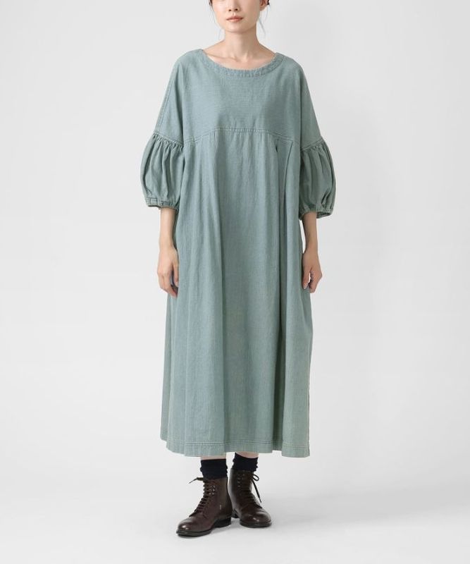 リリムドレス・B ブリーチオーバーダイのデニムバルーンスリーブドレス