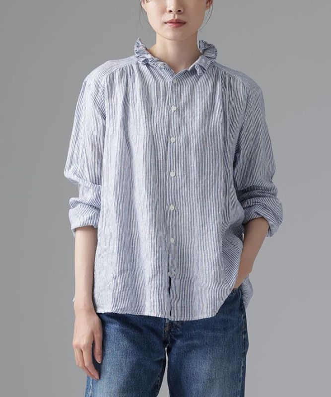 パウロ麻・Ｂ [haddow] 細ストライプリネンのたたみフリル襟シャツ