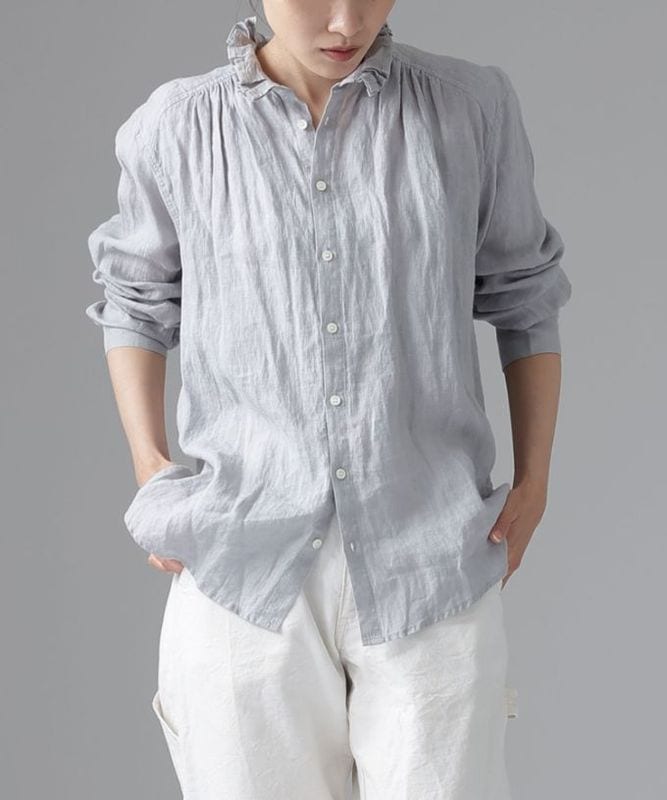 パウロ麻 [haddow] ウォッシュドリネンのたたみフリル襟のシャツ
