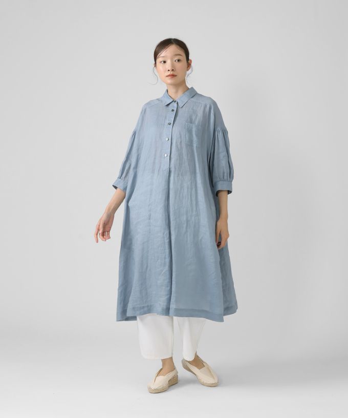 バスコ　BASCO ボタン付きVネック長袖ワンピース サキロング 麻ボイルの襟付き5分袖ワンピース/ITEM,ONE-PIECE/Shop by