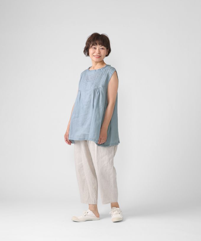 サキトップ　麻ボイルのピンタックスリーブレストップス