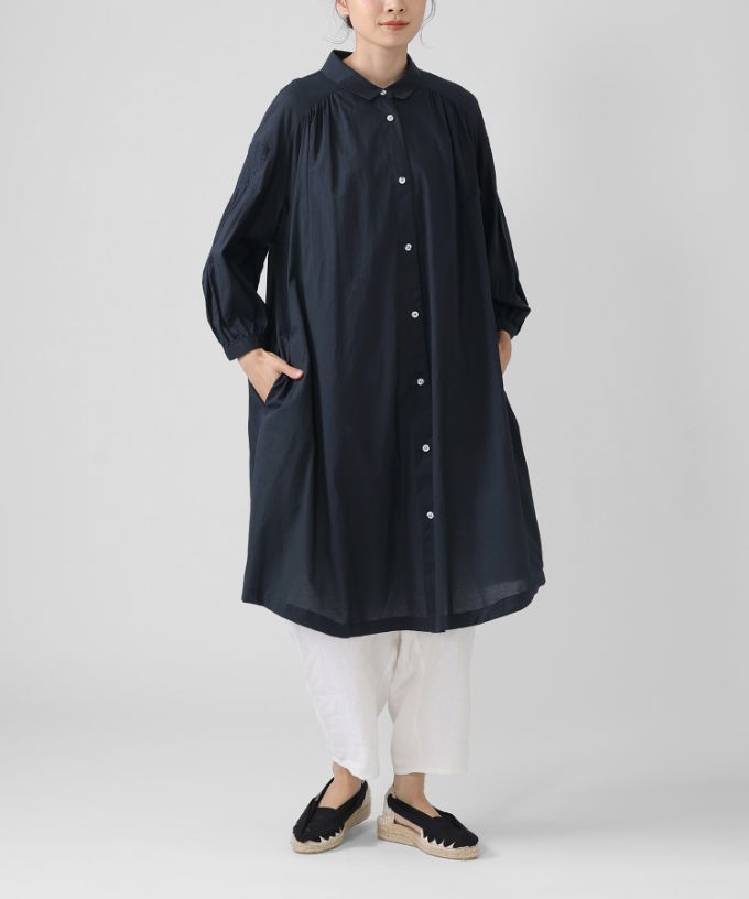 【バスコ】ネイビー 長袖 シャツワンピース アイデンロング 綿ローン素材の7分袖シャツドレス/ITEM,ONE-PIECE/Shop