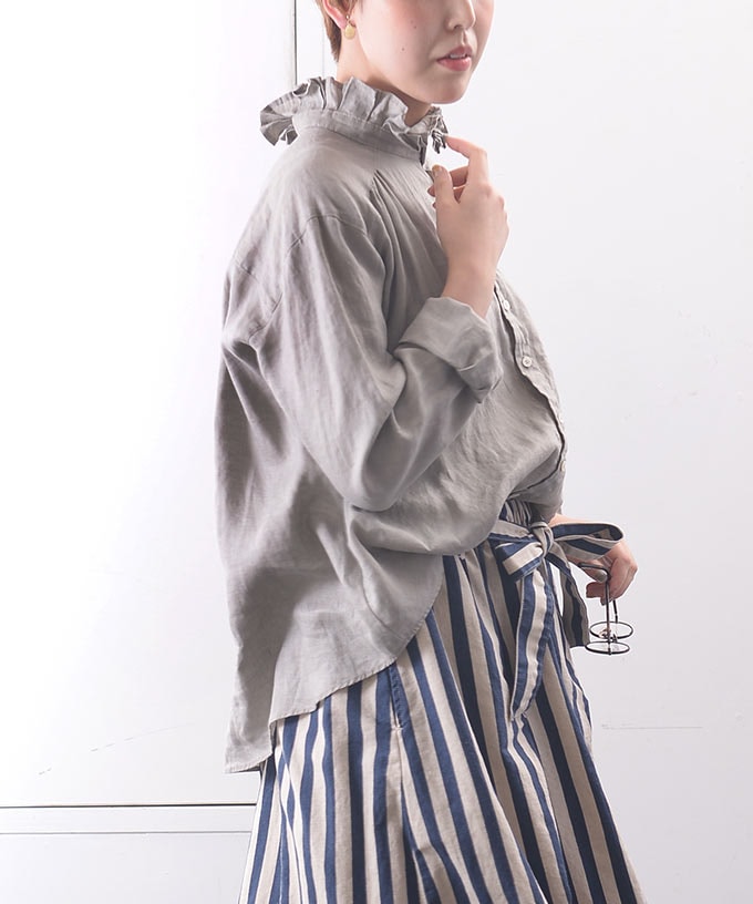 プルビオ麻B 人気の立襟フリルブラウス/ITEM,JACKET/TOPS/Shop by 
