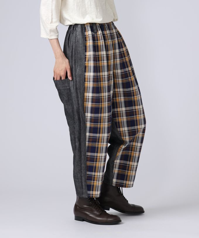 ＊美品＊バスコ／チェック　ゴムパンツ　マオパンツ マオパンツ・24 ツイルチェック切り替えの後ろビッグポケット