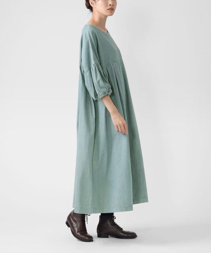 リリムドレス・B ブリーチオーバーダイのデニムバルーンスリーブドレス