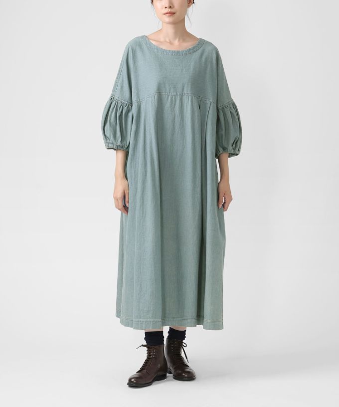 リリムドレス・B ブリーチオーバーダイのデニムバルーンスリーブドレス