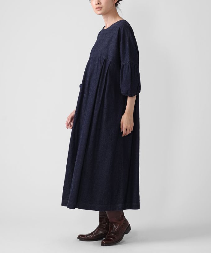 リリムドレス・B ブリーチオーバーダイのデニムバルーンスリーブドレス