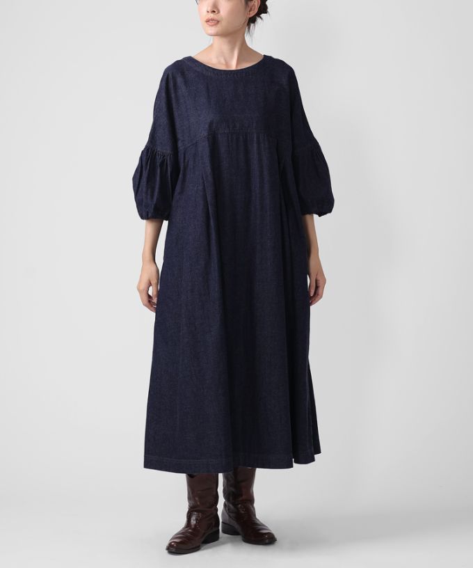 リリムドレス・B ブリーチオーバーダイのデニムバルーンスリーブドレス