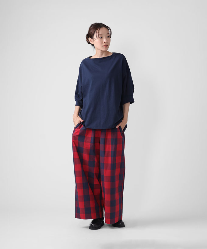 キャロルパンツ　ブロックチェックのワイドパンツ